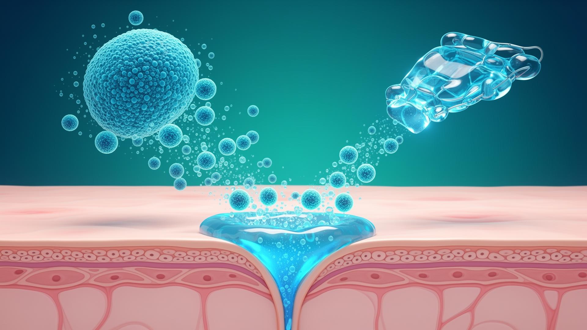 Ilustração científica de vesículas extracelulares engenheiradas atuando na cicatrização de defeitos cutâneos com sistema de entrega por hidrogel